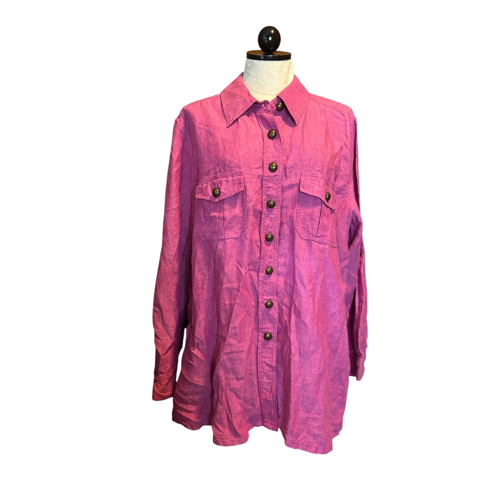 Soft Surroundings Magenta Pink 100% Linen Button Front Utility Tunic Top Plus 1X